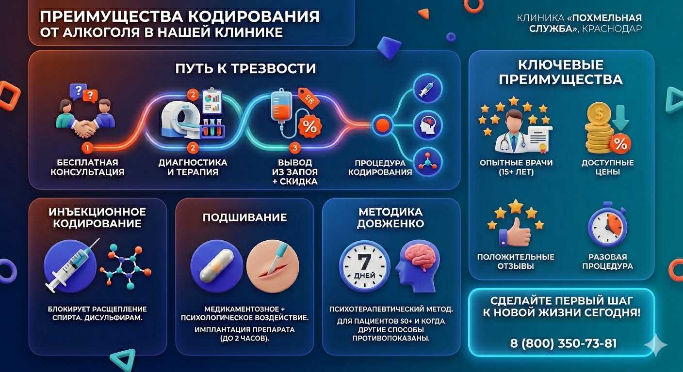 Инфографика о методах кодирования от алкоголя в Новоегорьевском: инъекции, подшивание, метод Довженко. Преимущества клиники и этапы лечения.