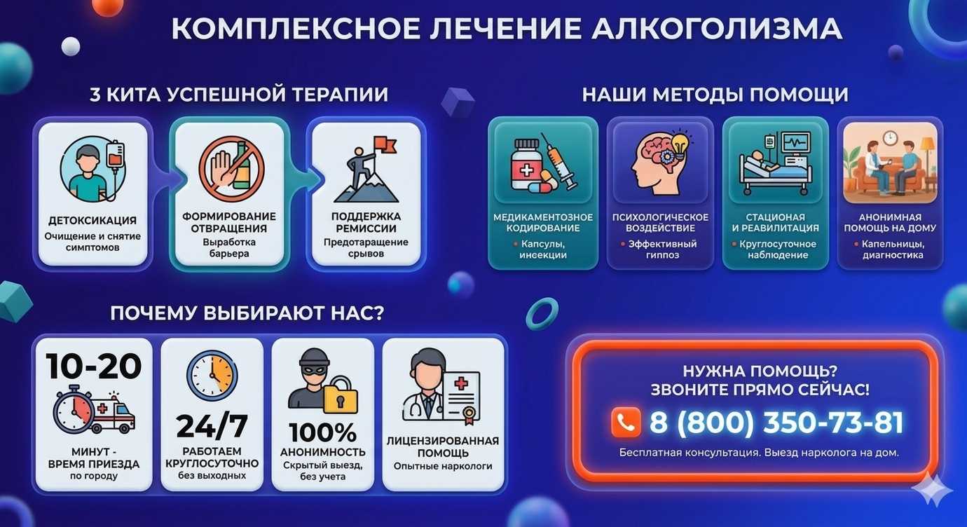 Инфографика о методах лечения алкоголизма в Новоегорьевском: детоксикация, кодирование и анонимная помощь на дому от клиники Похмельная служба.
