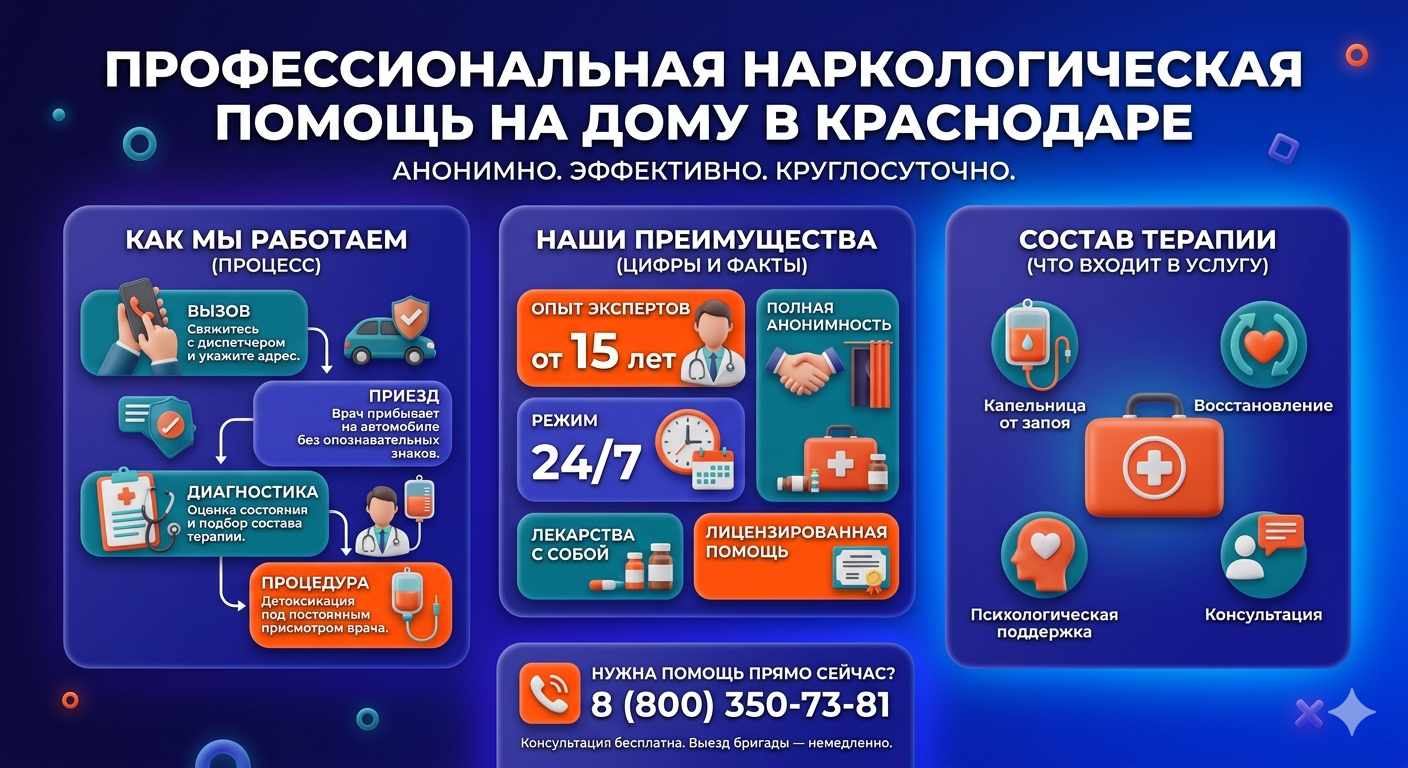 Инфографика о принципах лечения алкоголизма на дому в Новоегорьевском: этапы вызова нарколога, преимущества анонимной детоксикации и состав медицинской помощи.